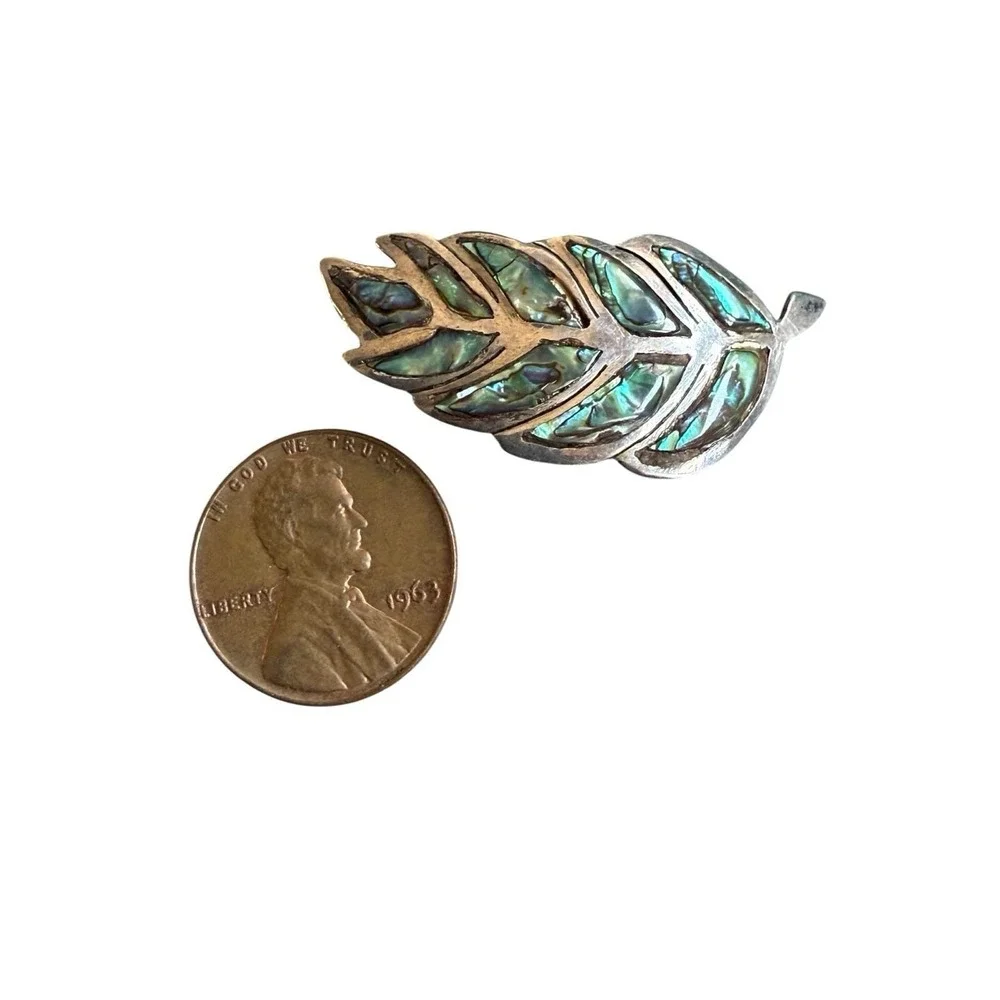Vintage Taxco Leaf Brooch Pin 925 Abalone Shell Inlay (read description)